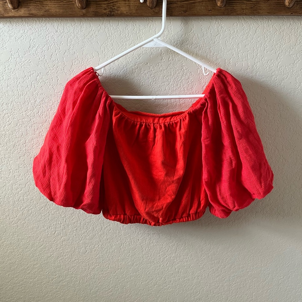 Zara Women’s Orange-Red Summer Off-Shoulder Puff Sleeve Textured Blouse Size S